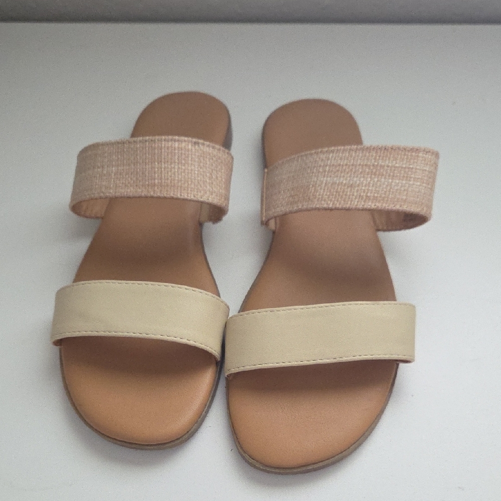 LC Lauren Conrad Neutral Two‑Band Slide Sandals - Beige/Tan